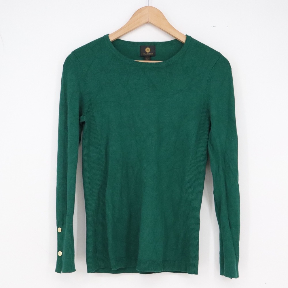 JM Collection Sweater Womens XS Crew Neck Green Gold Button Cuff Excellent